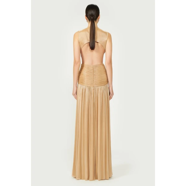 Costarellos Silla Lurex Georgette Gown in Beige Gold | Evening Gowns | Coveti