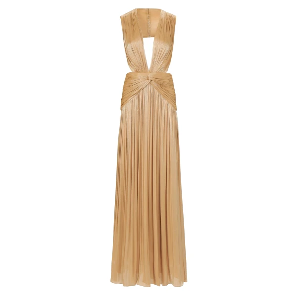 Costarellos Silla Lurex Georgette Gown in Beige Gold | Coveti