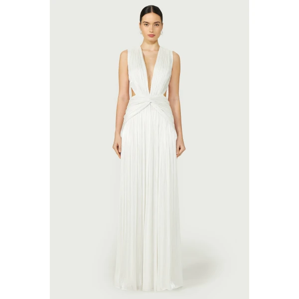 Costarellos Silla Lurex Georgette Gown in Off White | Evening Gowns | Coveti