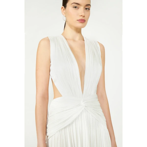 Costarellos Silla Lurex Georgette Gown in Off White | Evening Gowns | Coveti