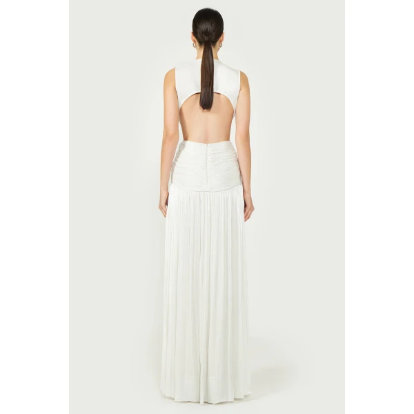 Costarellos Silla Lurex Georgette Gown in Off White | Evening Gowns | Coveti
