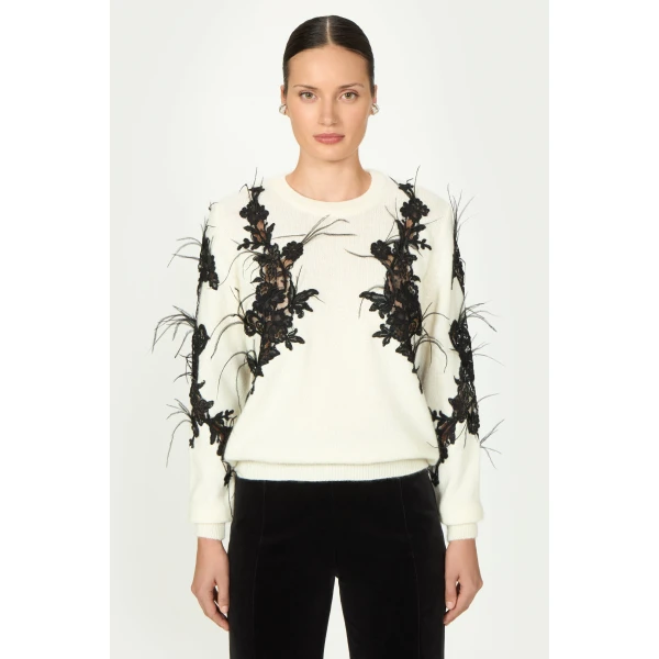 Costarellos Terena Mohair Wool Lace Sweater in Off White | Sweaters | Coveti