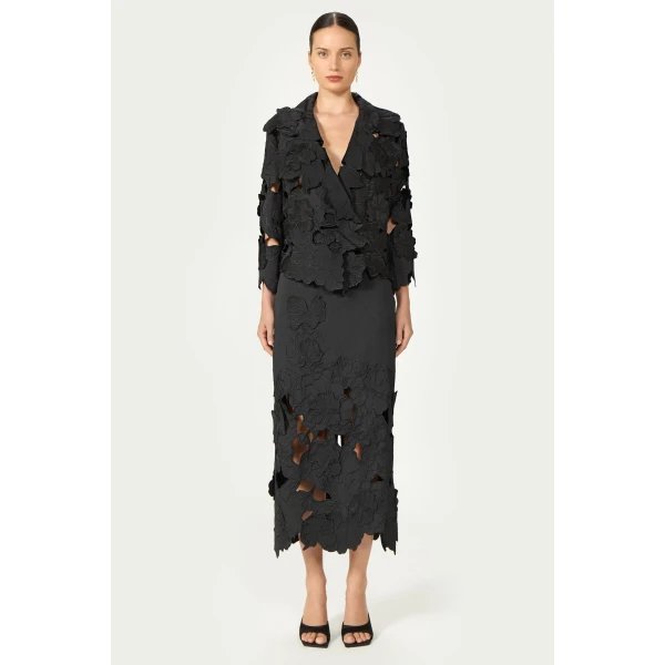 Costarellos Tesha Floral-Cut Satin Jacket in Black | Jackets | Coveti