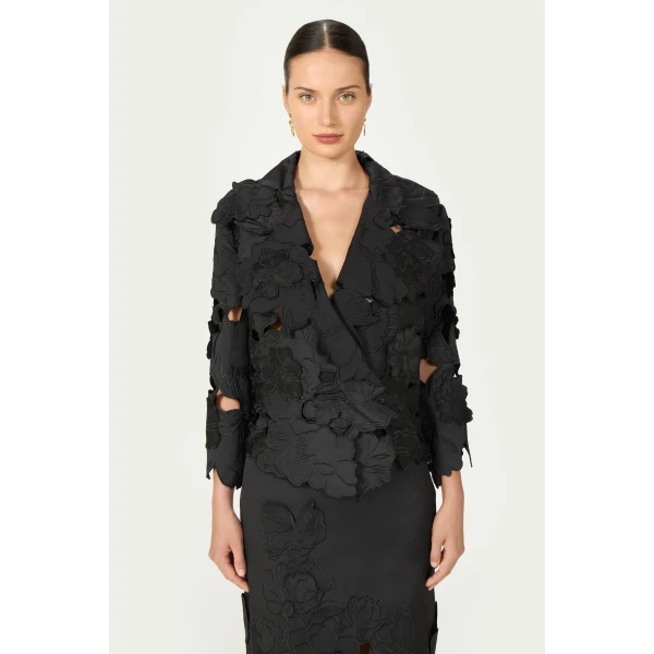 Costarellos Tesha Floral-Cut Satin Jacket in Black | Jackets | Coveti