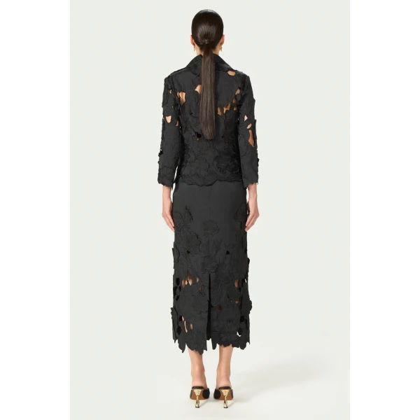 Costarellos Tesha Floral-Cut Satin Jacket in Black | Jackets | Coveti