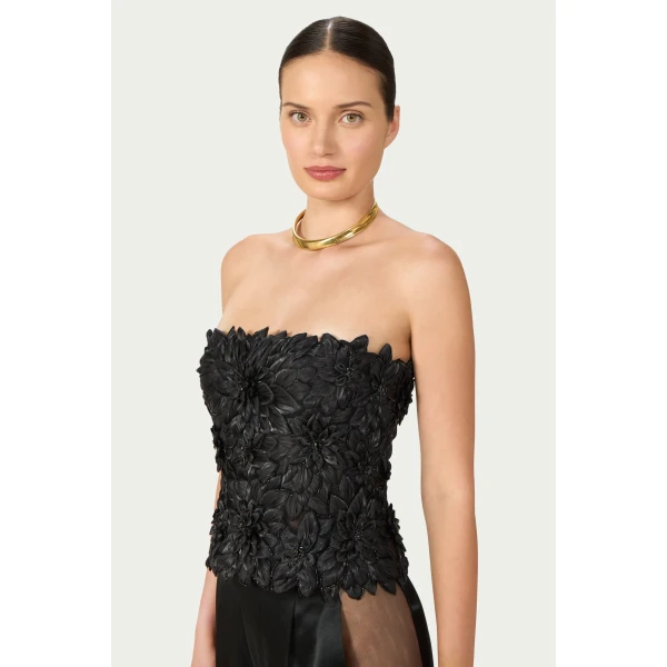 Costarellos Tesni Petal Lurex Satin Bustier in Black | Tops | Coveti