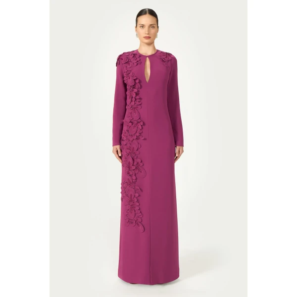 Costarellos Verana Crepe Keyhole Column Gown in Magenta | Evening Gowns | Coveti