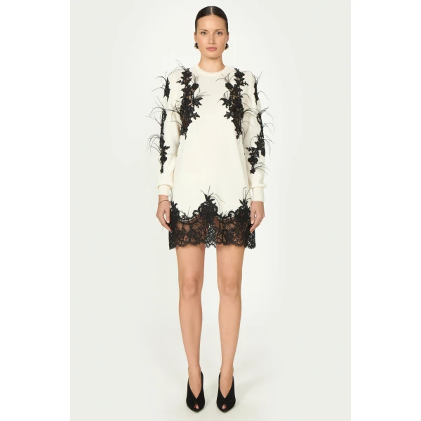 Costarellos Vianna Mohair Wool Lace Mini Dress in Off White | Mini Dresses | Coveti