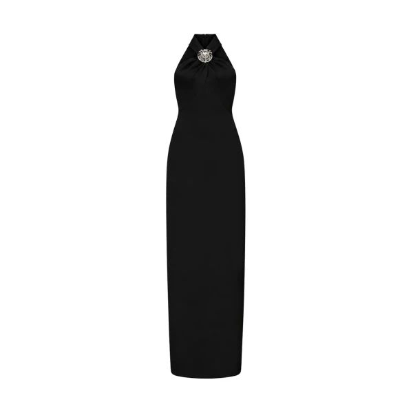Crystal Pendant Halterneck Gown In Black