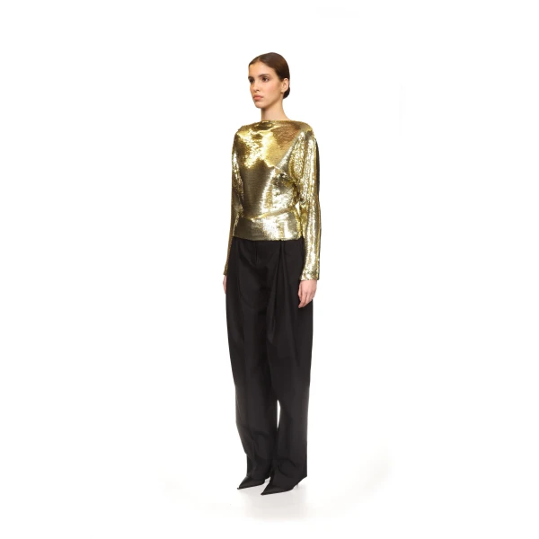 David Koma Sequin Draped Back Long Sleeve Top In Gold, view 3