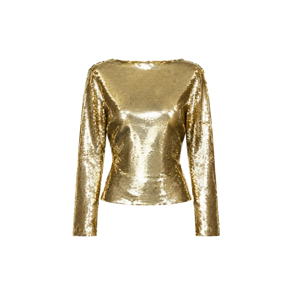 Sequin Draped Back Long Sleeve Top In Gold