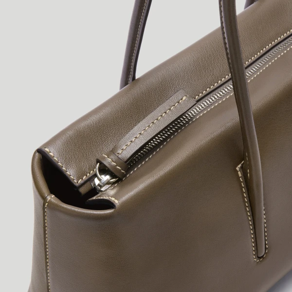 DeMellier Rebecca Donaldson x The Stockholm Shoulder in Dark Sage Fine Grain with Ecru Stitching Shoulder Bag, view 5 | Shoulder & Crossbody Bags | Coveti