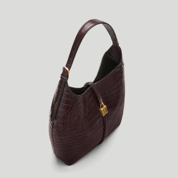 DeMellier Taylor Hill x The Large Siena Bucket in Burgundy Croc-Effect Bucket Bag, view 3 | Bucket Bags | Coveti