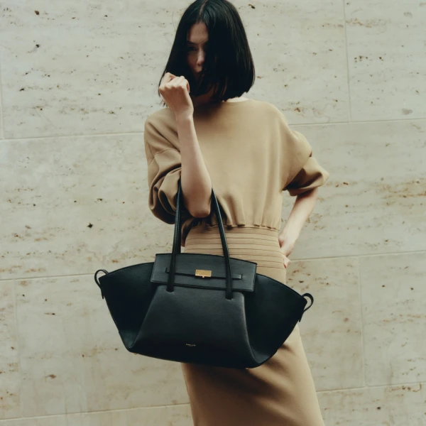 DeMellier The Brooklyn in Black Small Grain Tote Bag, view 2 | Totes & Top-Handle Bags | Coveti