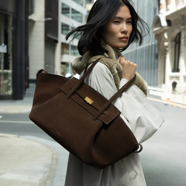 DeMellier The Brooklyn in Mocha Suede Tote Bag, view 2 | Totes & Top-Handle Bags | Coveti