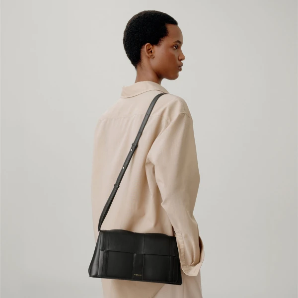 DeMellier The Florence Crossbody in Black Fine Grain Crossbody Bag, view 6 | Shoulder & Crossbody Bags | Coveti