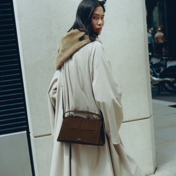 DeMellier The Florence Crossbody in Mocha Suede Crossbody Bag, view 2 | Shoulder & Crossbody Bags | Coveti