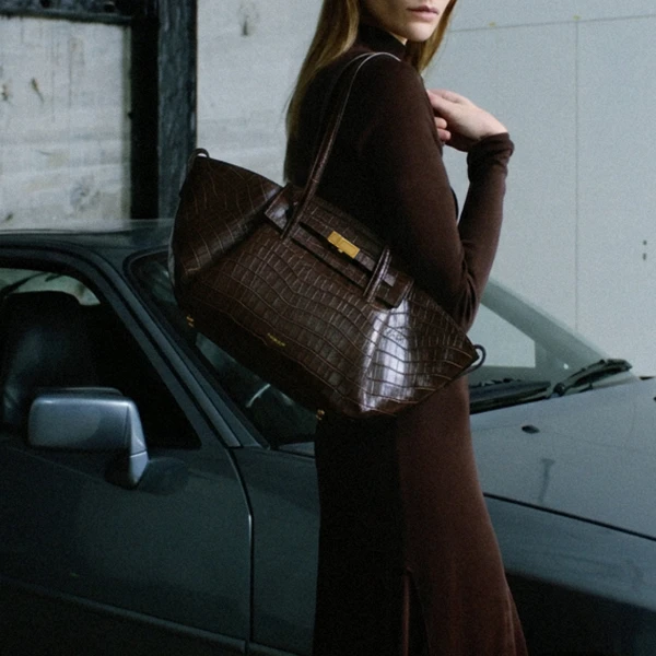 DeMellier The Midi Brooklyn in Dark Chocolate Croc-Effect Shoulder Bag, view 2 | Shoulder & Crossbody Bags | Coveti