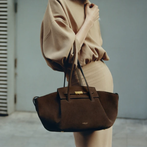 DeMellier The Midi Brooklyn in Mocha Suede Shoulder Bag, view 2 | Shoulder & Crossbody Bags | Coveti