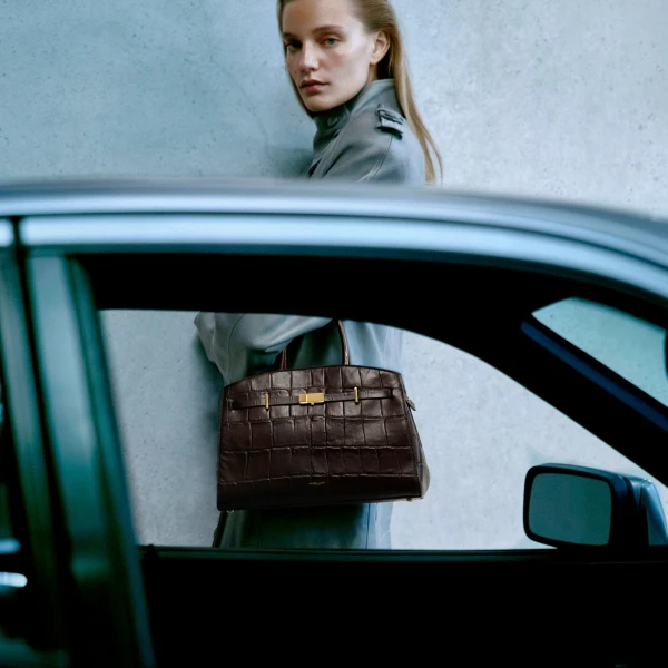 DeMellier The Midi Hudson in Dark Chocolate Large Croc-Effect Crossbody Bag, view 2 | Shoulder & Crossbody Bags | Coveti