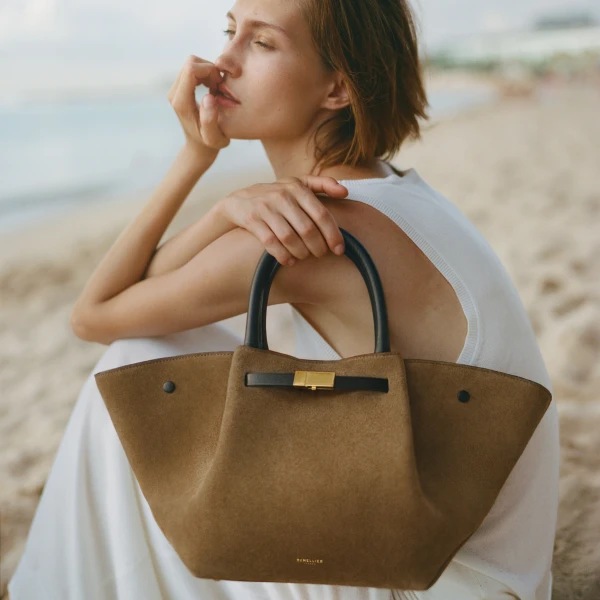 DeMellier The Midi New York in Tobacco Suede & Black Smooth Shoulder Bag, view 2 | Shoulder & Crossbody Bags | Coveti