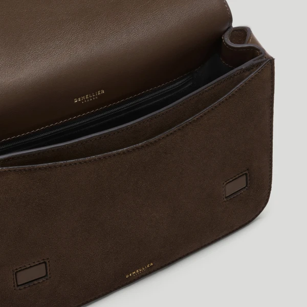 DeMellier The New York Crossbody in Mocha Suede Crossbody Bag, view 3 | Shoulder & Crossbody Bags | Coveti