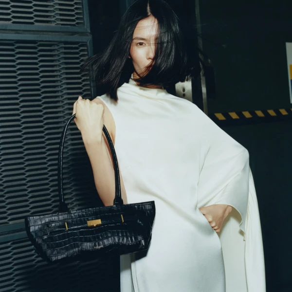 DeMellier The New York Shoulder in Black Croc-Effect Shoulder Bag, view 2 | Shoulder & Crossbody Bags | Coveti