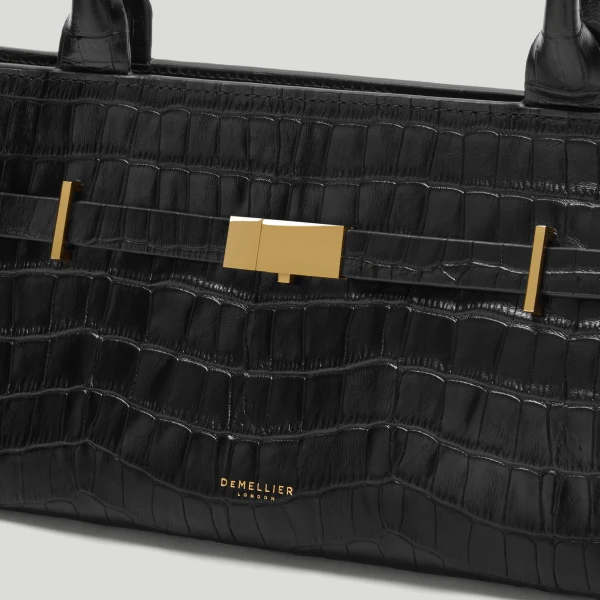 DeMellier The New York Shoulder in Black Croc-Effect Shoulder Bag, view 3 | Shoulder & Crossbody Bags | Coveti