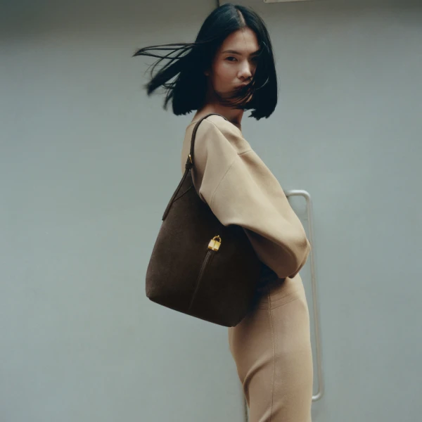 DeMellier The Siena Bucket in Dark Chocolate Suede Bucket Bag, view 2 | Bucket Bags | Coveti