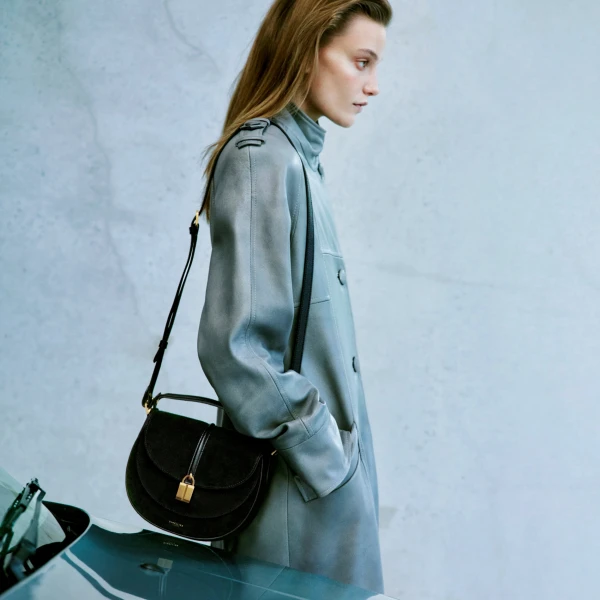 DeMellier The Siena Saddle in Black Suede Crossbody Bag, view 2 | Shoulder & Crossbody Bags | Coveti