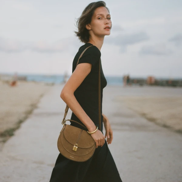 DeMellier The Siena Saddle in Tobacco Suede Crossbody Bag, view 2 | Shoulder & Crossbody Bags | Coveti