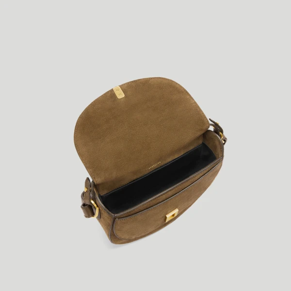 DeMellier The Siena Saddle in Tobacco Suede Crossbody Bag, view 4 | Shoulder & Crossbody Bags | Coveti