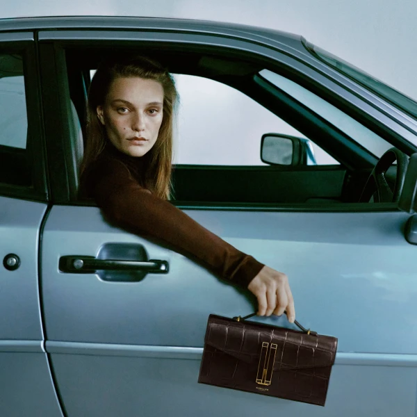 DeMellier The Vancouver Clutch in Dark Chocolate Large Croc-Effect Clutch Bag, view 2 | Clutch Bags | Coveti