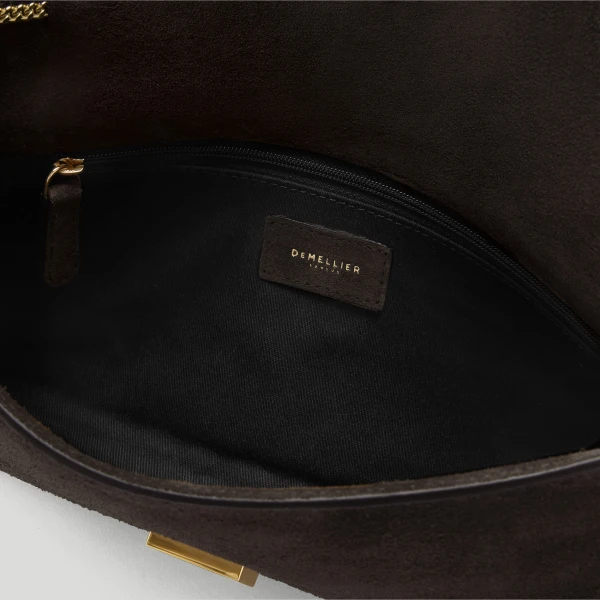 DeMellier The Vancouver Clutch in Dark Chocolate Suede Clutch Bag, view 4 | Clutch Bags | Coveti