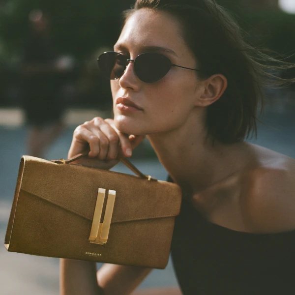 DeMellier The Vancouver Clutch in Tobacco Suede Clutch Bag, view 2 | Clutch Bags | Coveti