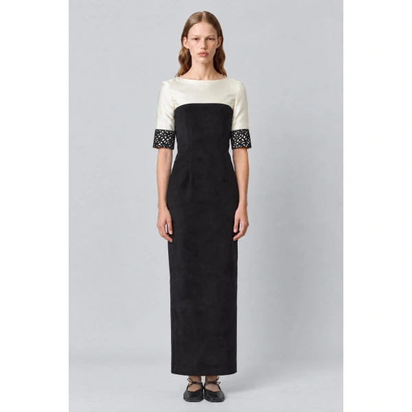 Destree Amina Smart Velvet Dress in Black and White | Midi Dresses | Coveti