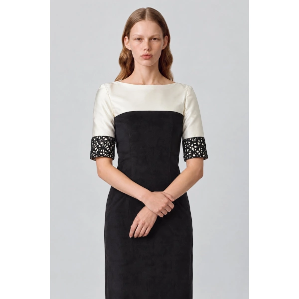 Destree Amina Smart Velvet Dress in Black and White | Midi Dresses | Coveti