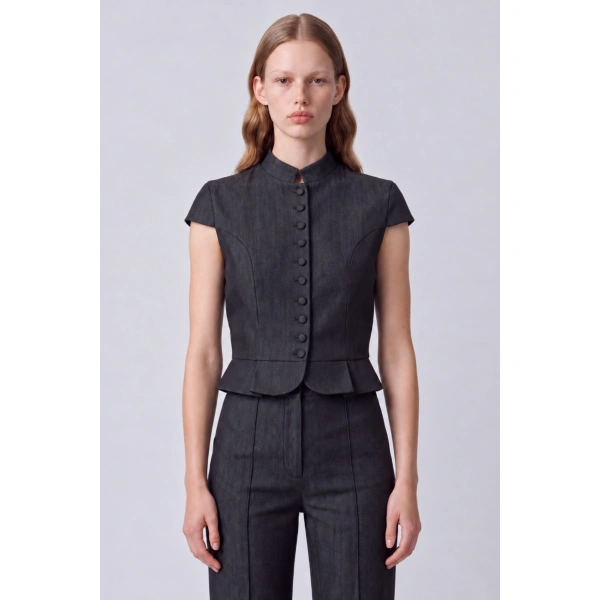 Destree Amoako Denim Cropped Top in Dark Blue | Long Sleeve Tops | Coveti