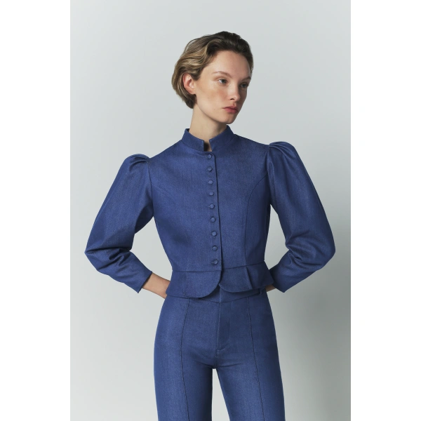 Destree Amoako Denim Puff-Sleeve Jacket in Blue | Denim Jackets | Coveti