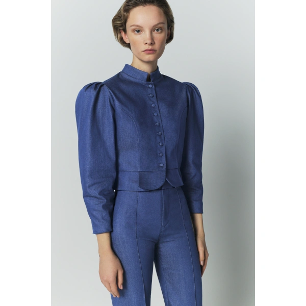 Destree Amoako Denim Puff-Sleeve Jacket in Blue | Denim Jackets | Coveti