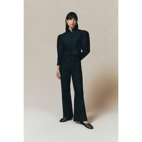 Destree Amoako Denim Puff-Sleeve Jacket in Dark Blue | Denim Jackets | Coveti