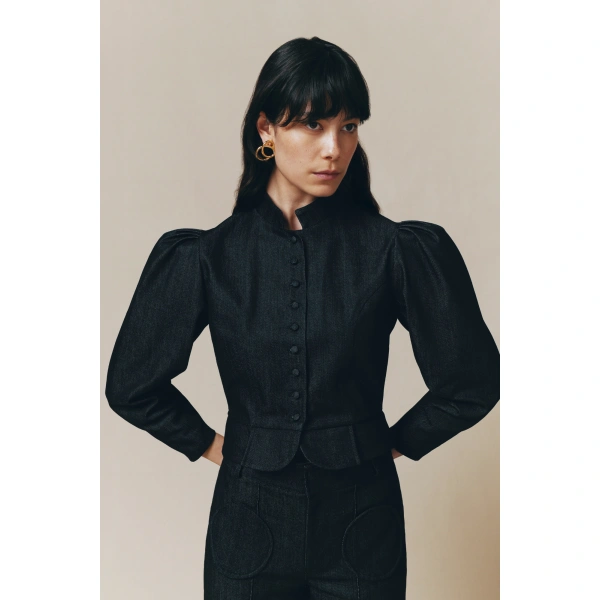 Destree Amoako Denim Puff-Sleeve Jacket in Dark Blue | Denim Jackets | Coveti