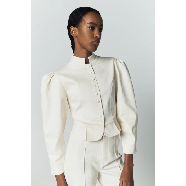 Destree Amoako Denim Puff-Sleeve Jacket in Ecru | Denim Jackets | Coveti