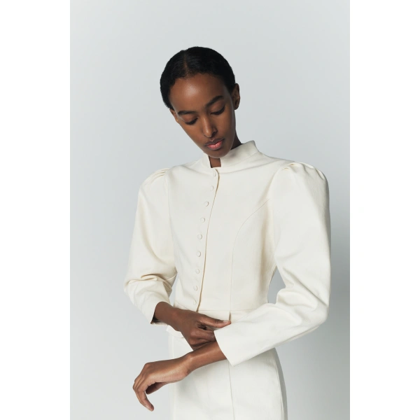 Destree Amoako Denim Puff-Sleeve Jacket in Ecru | Denim Jackets | Coveti
