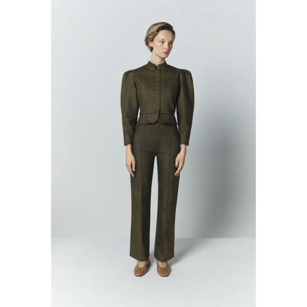 Destree Amoako Denim Puff-Sleeve Jacket in Khaki | Denim Jackets | Coveti