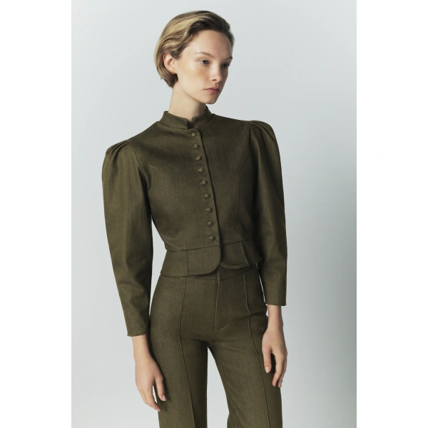 Destree Amoako Denim Puff-Sleeve Jacket in Khaki | Denim Jackets | Coveti