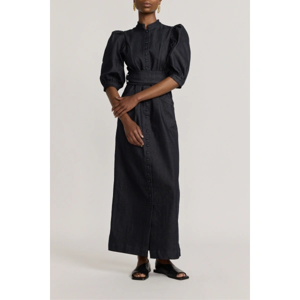 Destree Amoako Denim Puff-Sleeve Maxi Dress in Dark Blue | Maxi Dresses | Coveti
