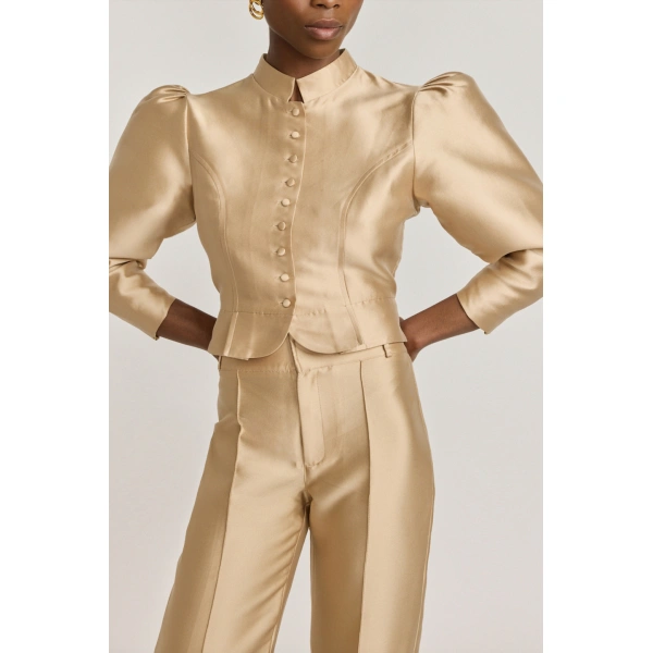 Destree Amoako Satin Puff-Sleeve Jacket in Beige | Blazers | Coveti