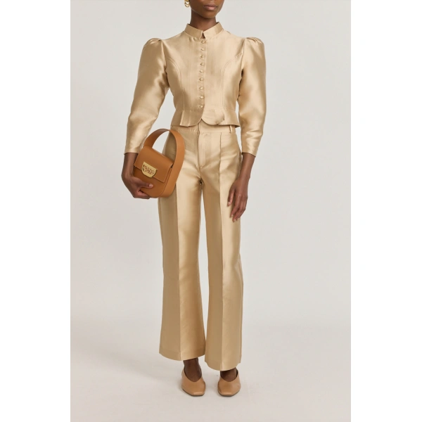 Destree Amoako Satin Puff-Sleeve Jacket in Beige | Blazers | Coveti