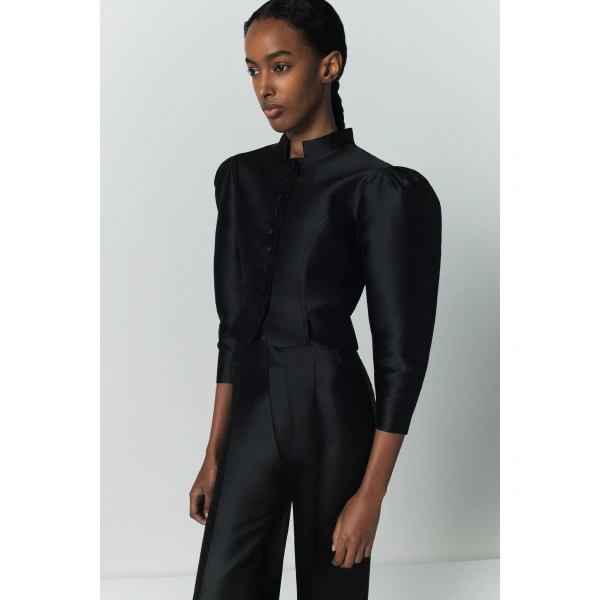 Destree Amoako Satin Puff-Sleeve Jacket in Black | Blazers | Coveti